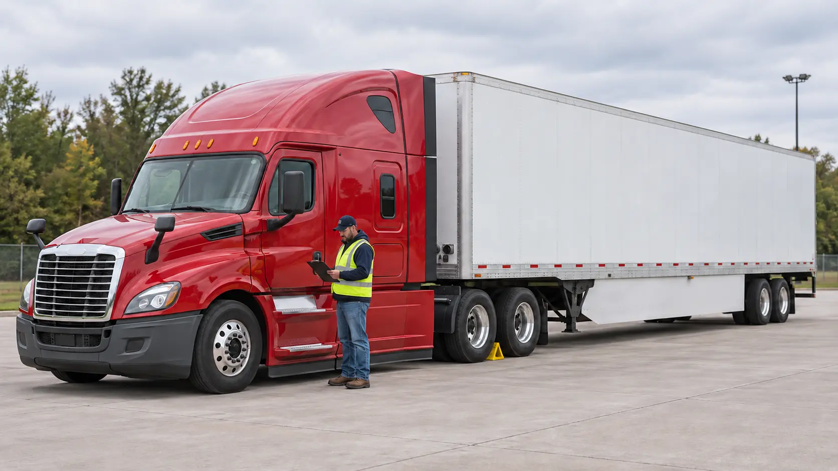 Commercial tractor-trailer secured on level pavement with a wheel chock while the driver reviews the inspection report
