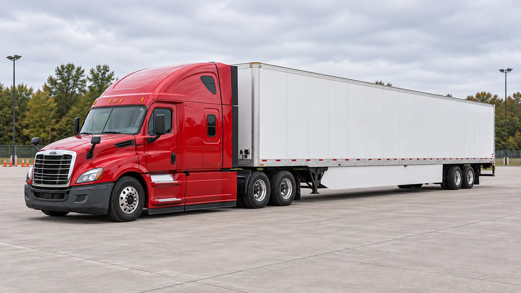 Wide front-left view of the complete tractor-trailer for a front-to-rear approach inspection