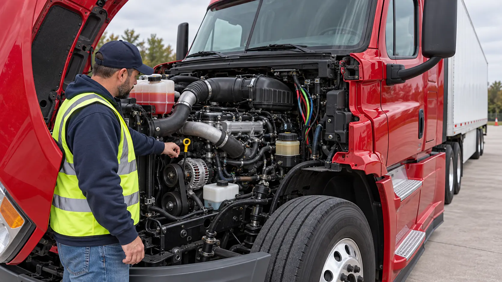 Open driver-side hood showing the installed diesel engine, reservoirs, belts, hoses and wiring