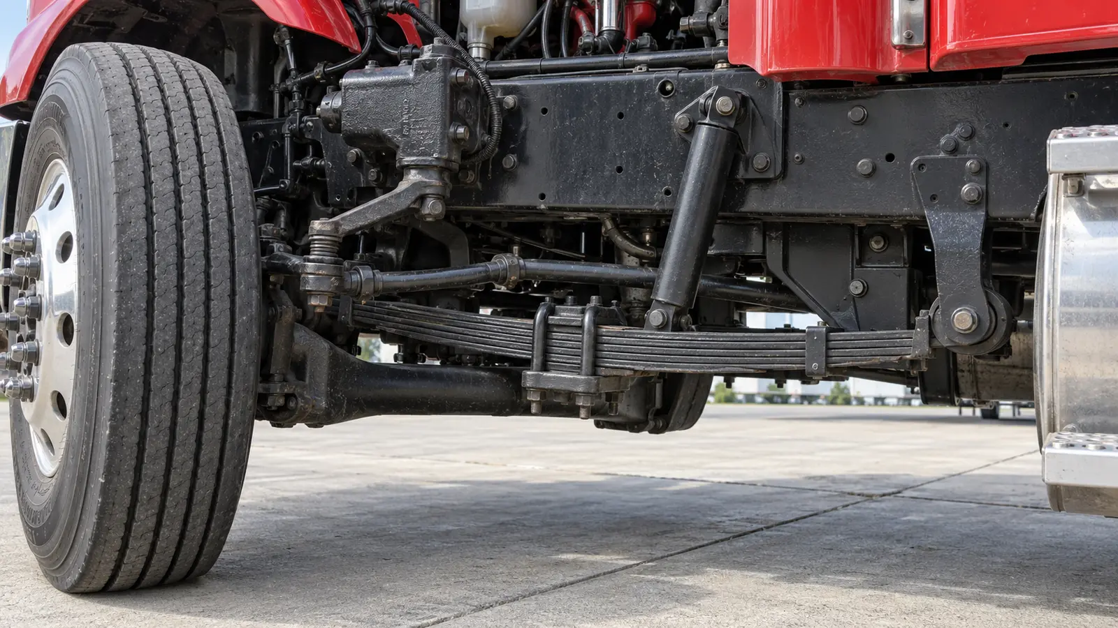 Low-angle view of the mounted steer tire with steering linkage, front axle, leaf springs, U-bolts and shock in their normal installed positions