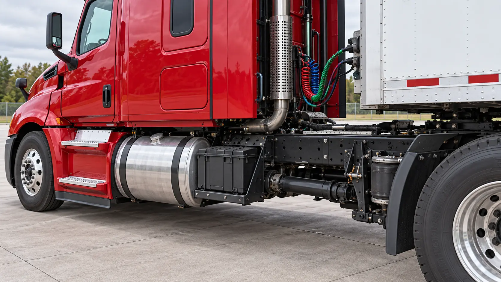 Driver-side tractor midsection showing fuel tank, steps, battery box, exhaust, frame and driveline area