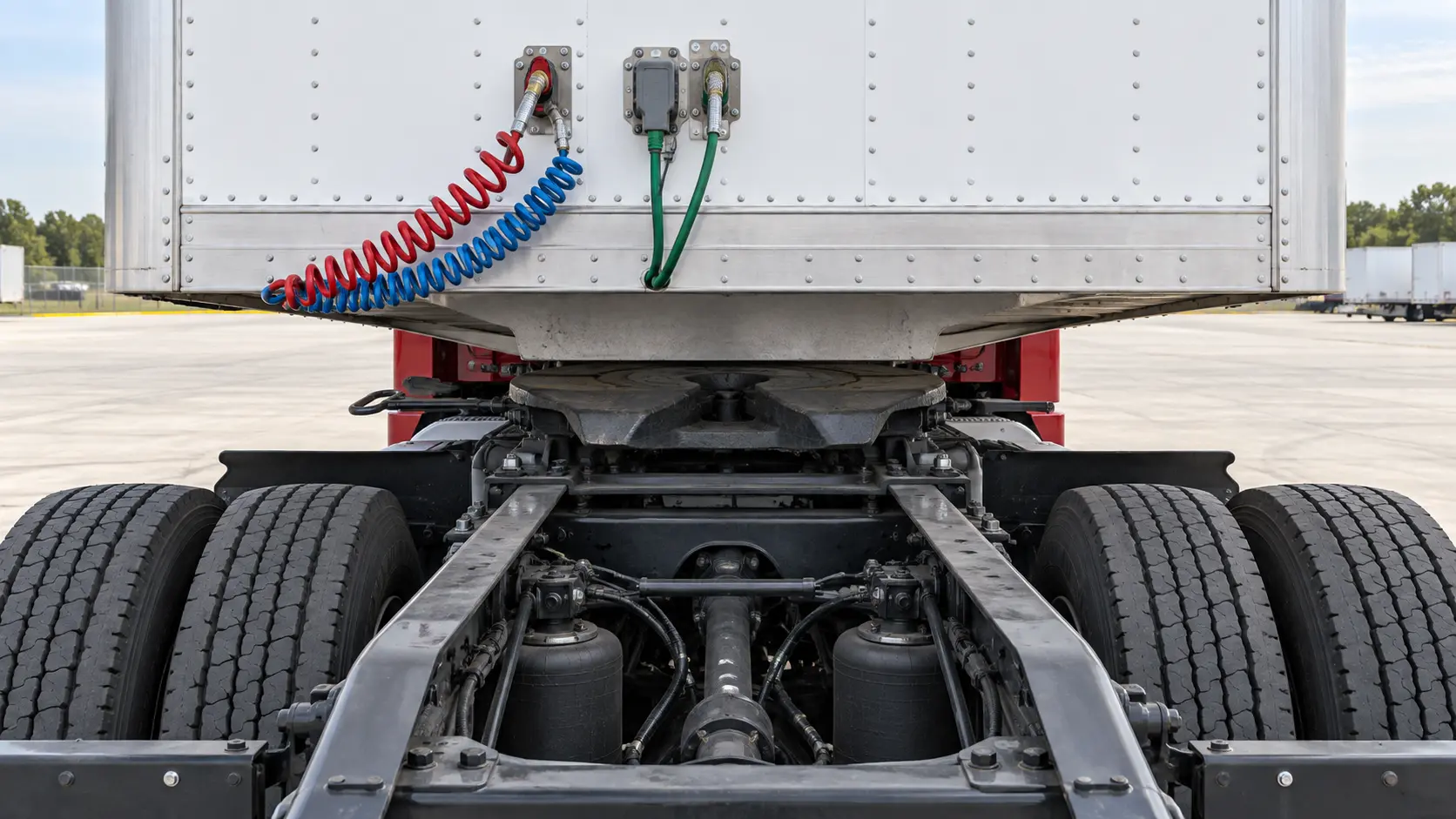 Close three-quarter view of the tractor fifth wheel fully coupled beneath the trailer apron