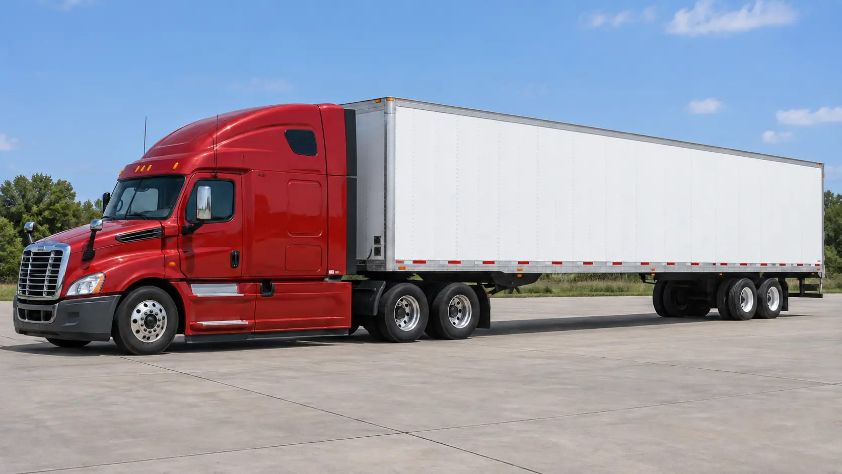 Connected dry-van trailer side showing raised landing gear, frame, crossmembers, marker light and reflective tape