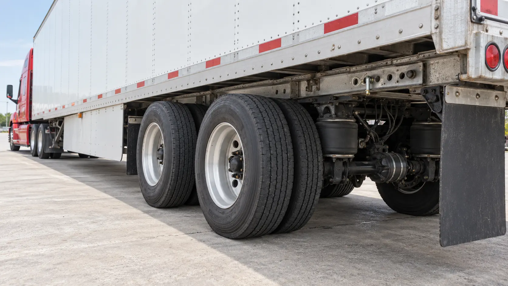 Low driver-side view of a two-axle sliding trailer tandem with suspension, brakes, dual tires and mudflap