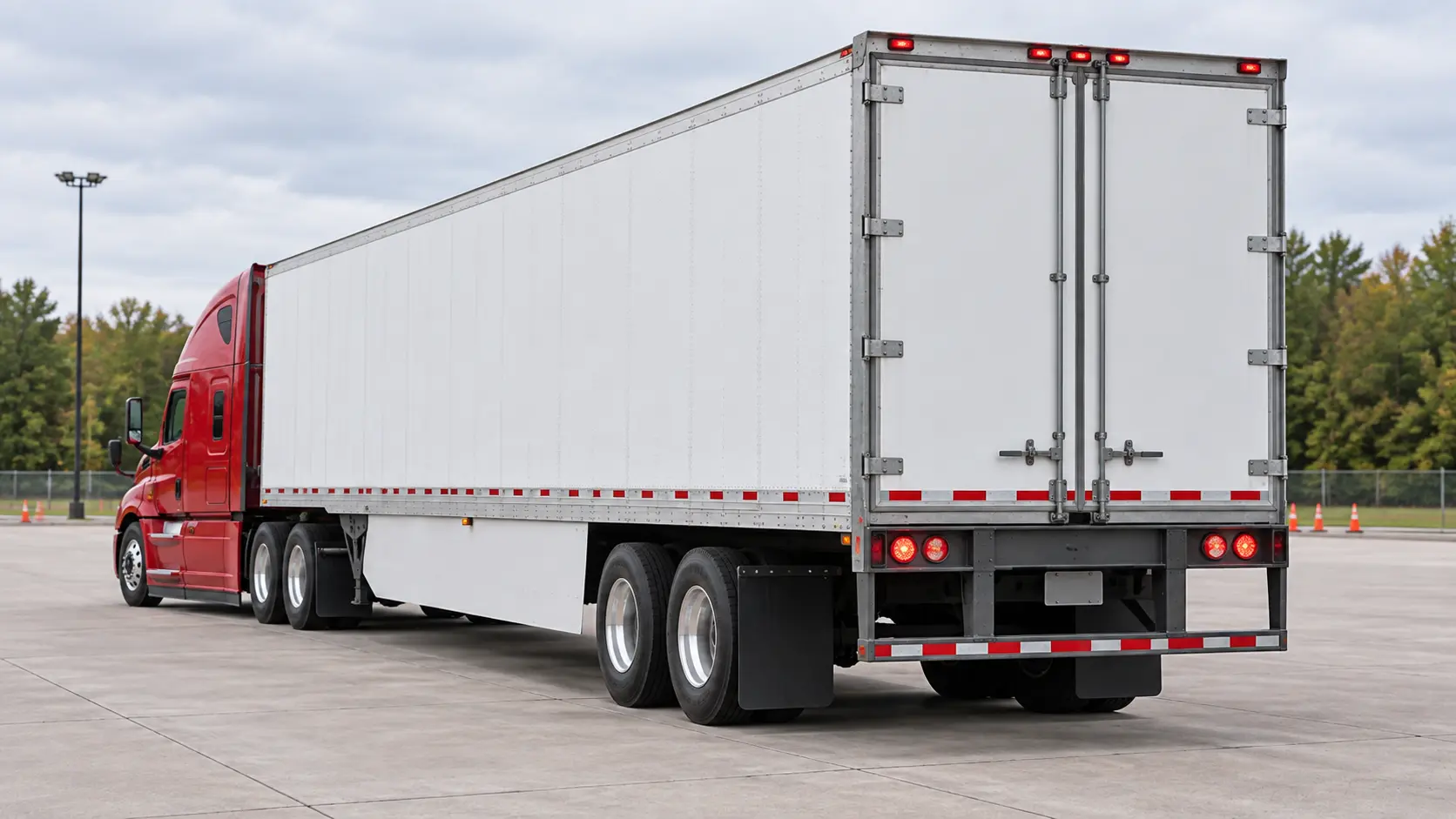 Rear three-quarter view of a dry-van trailer showing closed doors, lights, reflectors, conspicuity tape and underride guard