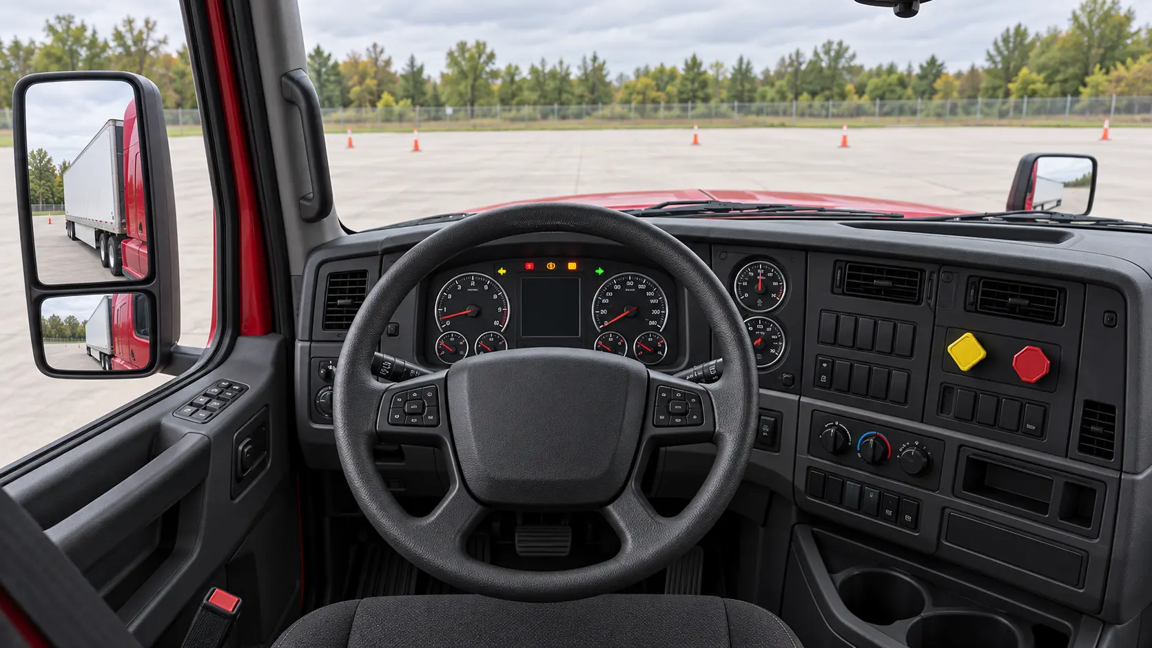 Modern commercial truck cab with steering wheel, gauges, air-pressure instruments and brake control knobs