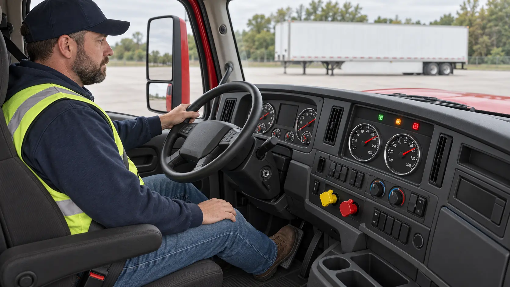 Driver safely performing an air-brake test in a parked commercial truck cab