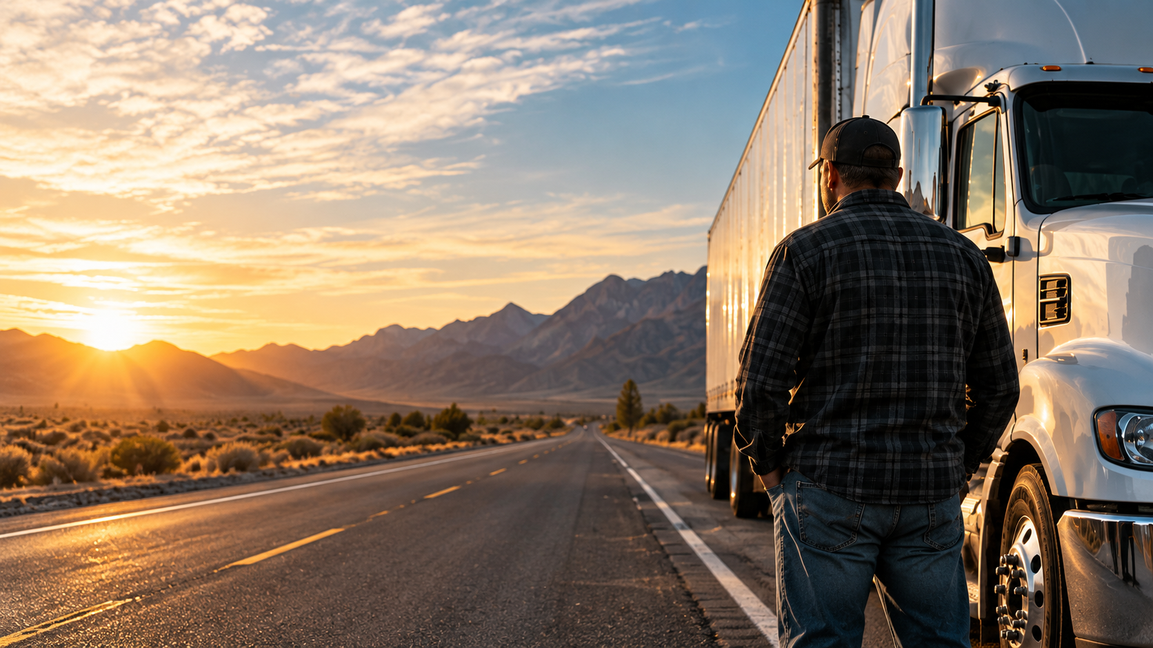 Driver standing beside a semi truck on an open road